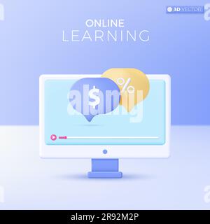 E-learning icon symbols. business, finance, commerce, currency, Online education at home concept. 3D vector isolated illustration design Cartoon paste Stock Vector