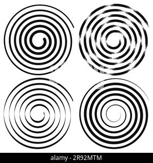 Set of black different spiral lines. Geometric art. Design element for logo, tattoo, web pages. Abstract vector illustration. Isolated on white backgr Stock Vector