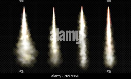 Rocket launch smoke trail with fire flame vector. Isolated realistic jet takeoff explosion speed effect. White spacecraft spray set with steam track in air. Airplane start engine burst take off. Stock Vector