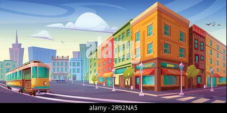 City street cartoon vector shop building with urban skyscraper view. Isometric apartment illustration near tram in town with nobody in sunny day. Retro game architecture 2d graphic wallpaper Stock Vector