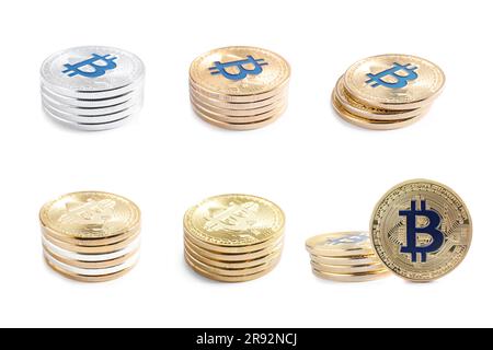 Collage with many bitcoins on white background Stock Photo