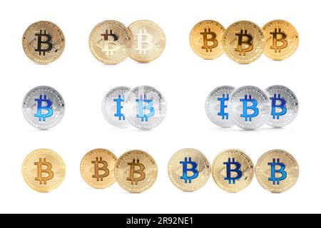 Collage with different bitcoins on white background Stock Photo