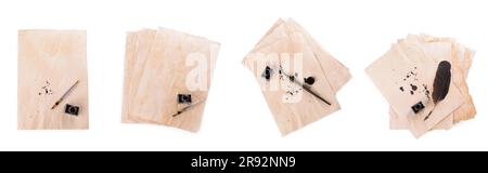 Many sheets of parchment, inkwell and different pens on white background, top view. Collage design Stock Photo