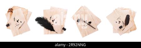 Many sheets of parchment with stains of ink, inkwell and different pens on white background, top view. Collage design Stock Photo
