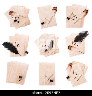 Many sheets of parchment, inkwell and different pens on white background, top view. Collage design Stock Photo