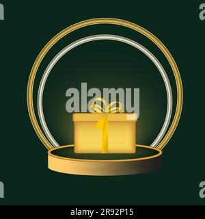 Glowing golden and silver rings with star on gold podium. Golden gift box in light frame. Vector illustration. Isolated on green background Stock Vector