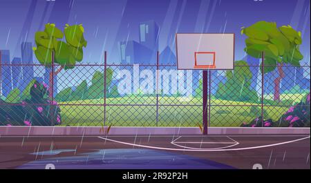 Rain on street basketball court cartoon background. School outdoor playground stadium near city park with grass and foliage tree illustration. outside sport arena for competition with water puddle Stock Vector