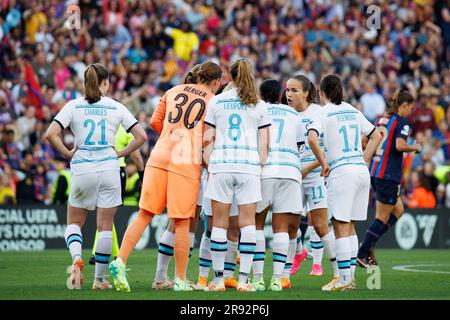 BARCELONA - APR 27: Chelsea players talk during the Women's Champions League match between FC Barcelona and Chelsea FC at the Camp Nou Stadium on Apri Stock Photo