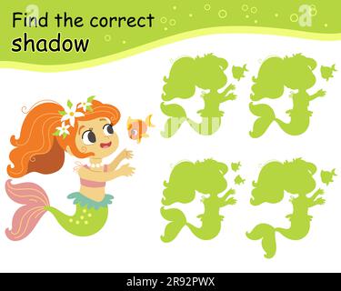 Find the correct shadow game with mermaid and little fish. Kids entertainment game. Cute cartoon mermaid. Shadow matching. Activity, logic game, learn Stock Vector