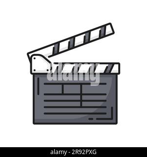 Filmmaking clapperboard, video production icon. Cinematography art, filmmaking festival or video production outline vector sign. Movie studio thin line symbol or icon with movie clapboard Stock Vector