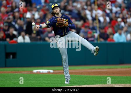 Milwaukee Brewers third baseman Brian Anderson throws out Cleveland  Guardians' Myles Straw at first base during the fifth inning of a baseball  game, Friday, June 23, 2023, in Cleveland. (AP Photo/Ron Schwane