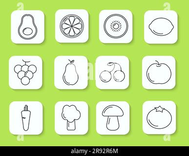 Icons collection Outline vegetarian and healthy food illustrations Design element for web or app Isolated vector Stock Vector