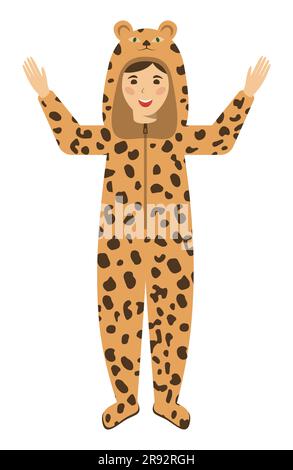 Cheetah Kid in animal pajama. Child wear cloth for sleepover, funny pajama or animal costume. Halloween, pajama or birthday party dress. Isolated vect Stock Vector