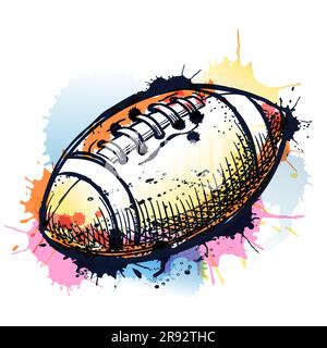 American football sports ball on watercolor colorful splash background. Vector hand drawn sketch illustration. Football competition championship conce Stock Vector
