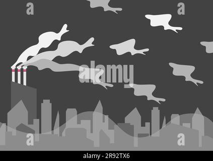The city is shrouded in industrial smoke. Industry plant dawn smoke. Smog emissions bad ecology. Air pollution. International Day for Preservation of Ozon Stock Vector