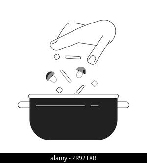 Add vegetables in pan flat monochrome flat vector object Stock Vector