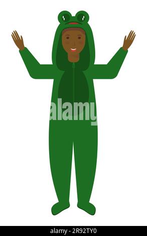 Frog Kid in animal pajama. Child wear cloth for sleepover, funny pajama or animal costume. Halloween, pajama or birthday party dress. Isolated vector Stock Vector