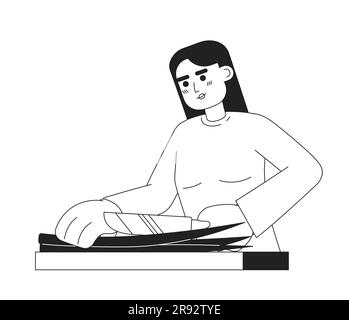 Woman cutting green onion monochromatic flat vector character Stock Vector