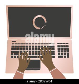Hands on laptop keyboard. Pink and golden laptop while loading Take break Above view Vector illustration Isolated on white background Stock Vector