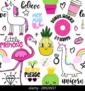 Summer pattern design with flamingo and unicorns - funny hand drawn doodle, seamless pattern. Lettering poster or t-shirt textile graphic design. Wall Stock Vector