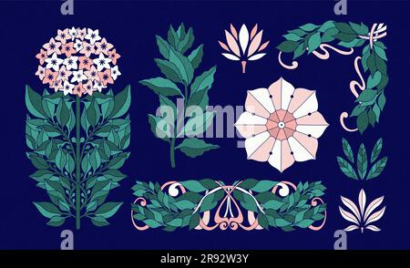 Floral bay leaf in art nouveau 1920-1930. Hand drawn in a linear style with weaves of lines, leaves and flowers. Stock Vector