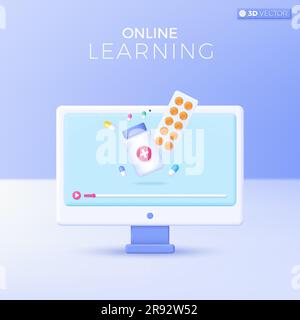 E-learning icon symbols. medical, pharmaceutical, drug, pharmacy, Online education at home concept. 3D vector isolated illustration design Cartoon pas Stock Vector