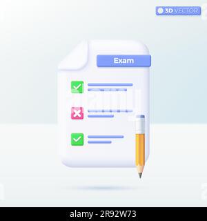 exam paper checklist with pencil icon symbols. fast work on project plan, fast progress concept. 3D vector isolated illustration design Cartoon pastel Stock Vector