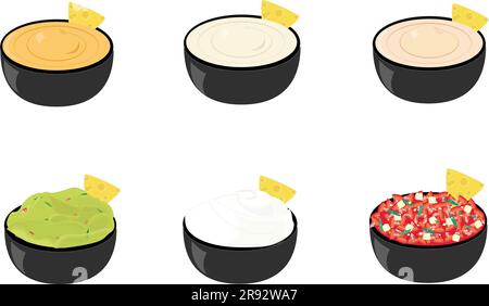 The mexican dips sauce with bowl and Nacho Stock Vector
