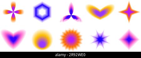 Smooth blurred gradient flowers, stars and hearts set. Y2K blurry aura shapes collection. Colorful abstract trendy elements for logo, templates, badges, stickers, collages. Vector pack  Stock Vector
