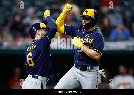 Milwaukee Brewers' Willy Adames, right, celebrates after his base hit  during the eighth inning of a baseball game against the Toronto Blue Jays,  Sunday, June 26, 2022, in Milwaukee. (AP Photo/Kenny Yoo