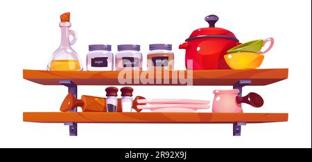 Kitchen shelf on wall with utensils and seasoning jars. Vector cartoon illustration of oil bottle, pepper, salt, sugar, oatmeal, quonoa containers, clean plates, bowls and cups. Home interior elements Stock Vector