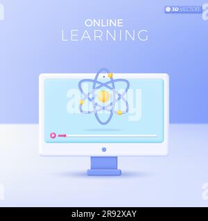 E-learning icon symbols. Science, nucleus, Atom, Molecules, Online education at home concept. 3D vector isolated illustration design Cartoon pastel Mi Stock Vector