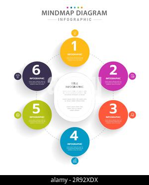 Infographic template for business. 6 Steps Modern Mindmap diagram with circle topics, presentation vector infographic. Stock Vector