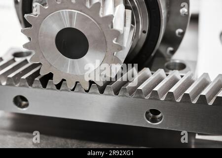 Transmission with metal cogwheel in assembling workshop Stock Photo