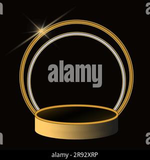 Glowing golden and silver rings with star on gold podium. Empty minimal round art decoration. Abstract circle electric light frame. Vector Stock Vector
