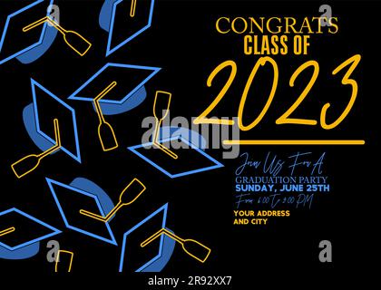 Party in honor of class of 2023 Graduates. Vector design invitation card for college graduate template. Graduation event, greeting, yearbook backgroun Stock Vector