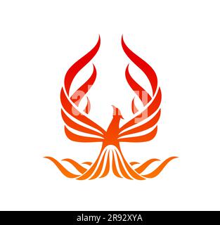Phoenix bird icon or firebird rising on fire flame wings, vector symbol. Phoenix or heraldic falcon, hawk and eagle silhouette for creative design studio, hotel emblem and fashion brand label Stock Vector