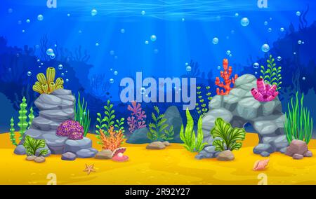 Cartoon underwater landscape and coral reef background, vector undersea world. Sea or ocean underwater landscape with fish silhouette, corals, seashell, starfish and seaweeds on undersea rocks Stock Vector