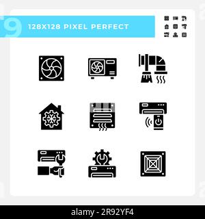 Heating and cooling black glyph icons set on white space Stock Vector