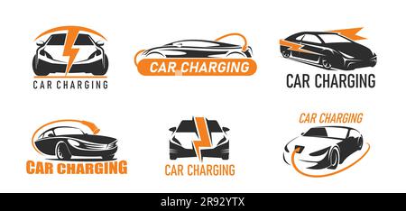 Car charging icons, electric car charge station with battery plug, vector eco auto signs. Electric cars and hybrid energy automobile charging point emblems, green fuel and EV power cable station Stock Vector