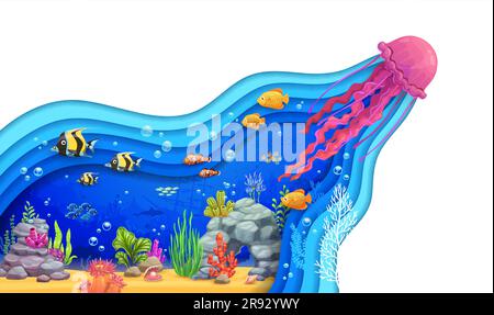 Cartoon underwater landscape with jellyfish and sunken ship on ocean ...