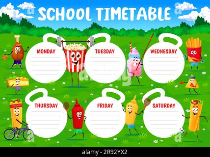 Timetable schedule. Cartoon fast food characters on sport. Education week timetable, school classes vector planner with popcorn, cake, burrito and nachos, fries, smoothie funny personages on fitness Stock Vector