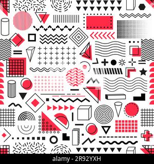Memphis geometric shapes seamless pattern. Vector abstract background with modern graphic elements, black, white and red lines, circles, triangles and dots. Doodle figures and halftone shapes ornament Stock Vector