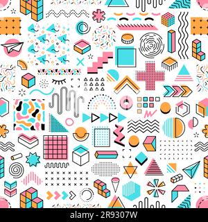 Memphis geometric shapes seamless pattern, vector background with abstract elements, colors and forms. Memphis pattern of line figures, pop art doodle dots and random circle or zigzag pattern Stock Vector