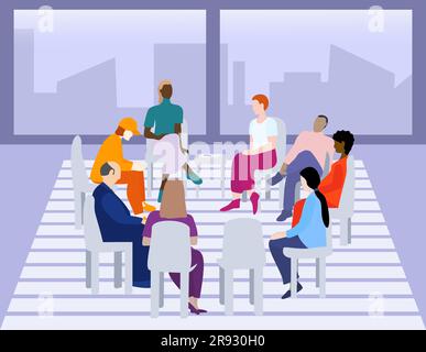 Support group for people with mental illnesses. Group therapy session. Vector illustration Isolated on city silhouette background Stock Vector