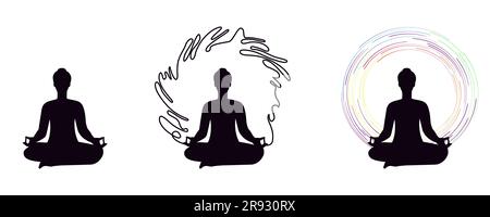 Yoga in silhouette Person practicing yoga in lotus meditative pose. Three stages of relaxation Black vector illustration Isolated on white background Stock Vector
