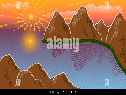 Coastal illustration with sea ocean view to mountains drawing in woodcut style Stock Vector