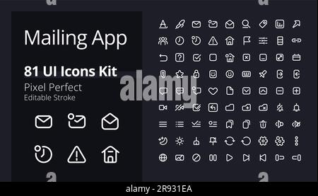 Mailing app pixel perfect white linear ui icons kit for dark theme Stock Vector