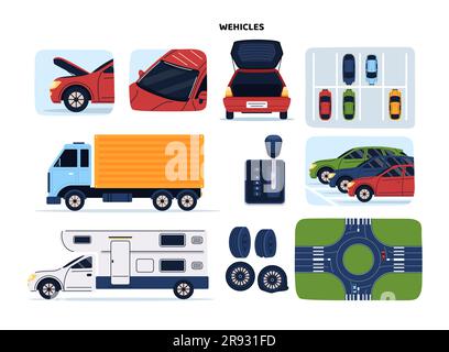 Set of vehicles and car parts Stock Vector