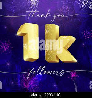 Thank you 1k followers creative poster. Shiny thanks for 1000 network subscribers.  1 000 likes celebration. Golden number 1 and letter K. 3D style Stock Vector